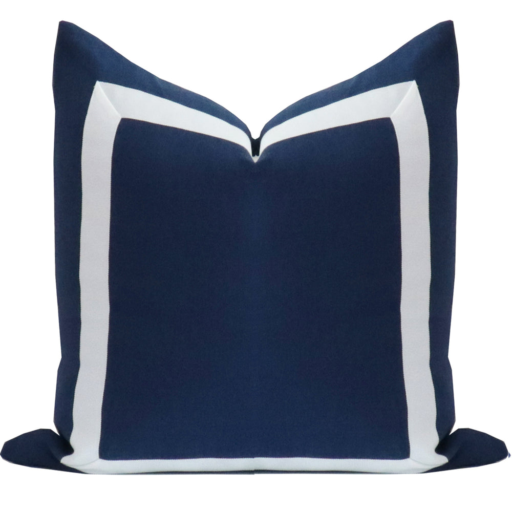 Navy Blue Organic Linen Pillow Cover with White Ribbon Trim