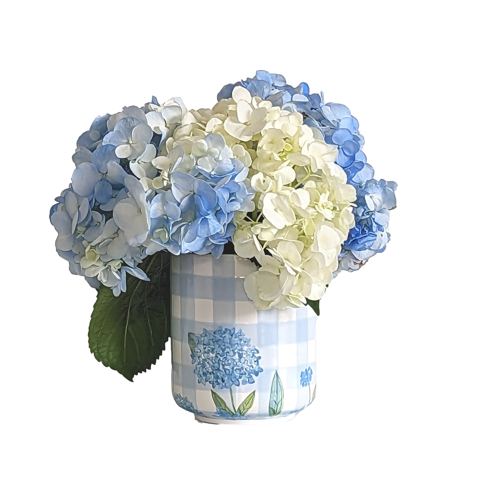 Lo Home x Chapple Chandler Large Gingham Vase/ Utensil Holder with Hydrangea Accents