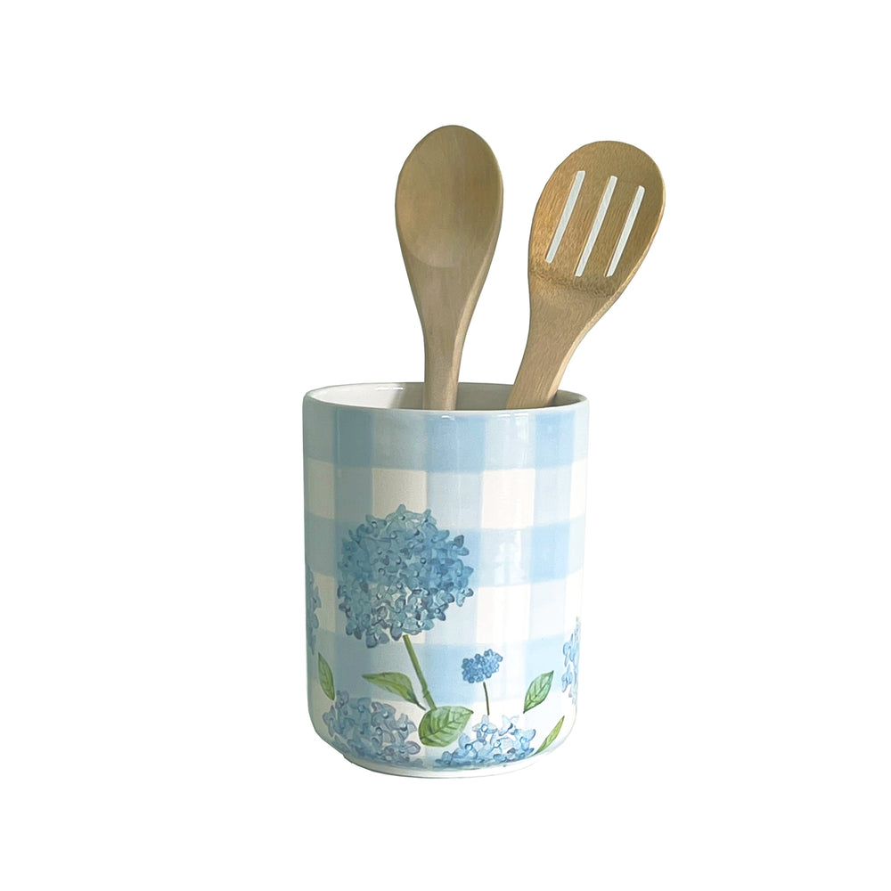 Lo Home x Chapple Chandler Large Gingham Vase/ Utensil Holder with Hydrangea Accents