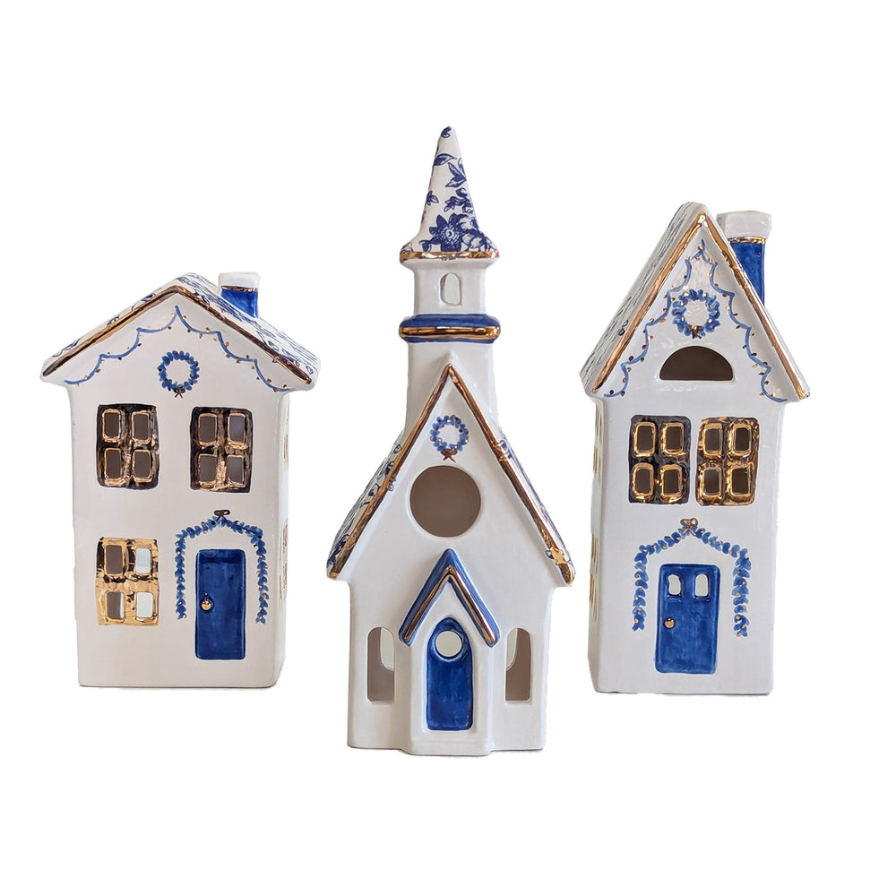 Blue and White Toile Christmas Village 3-Piece Set with 22K Gold Accents