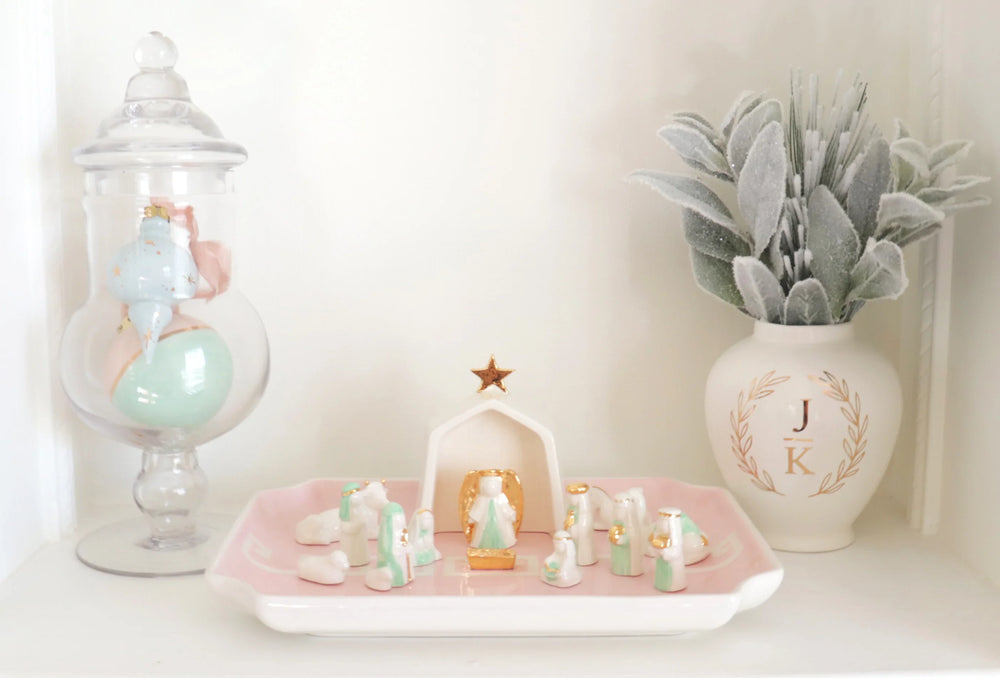 Sea Glass Green Hand-Crafted 14 Piece Nativity Set with 22K Gold Accents