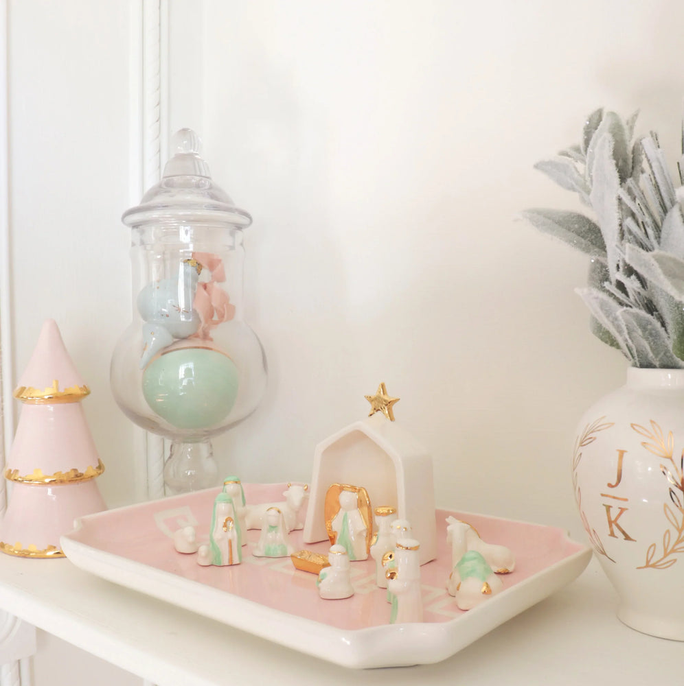 Sea Glass Green Hand-Crafted 14 Piece Nativity Set with 22K Gold Accents