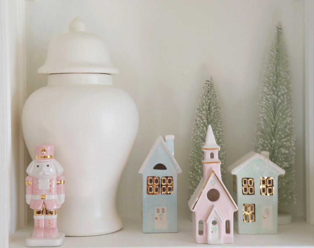 Pastel Christmas Village 3-Piece Set with 22K Gold Accents