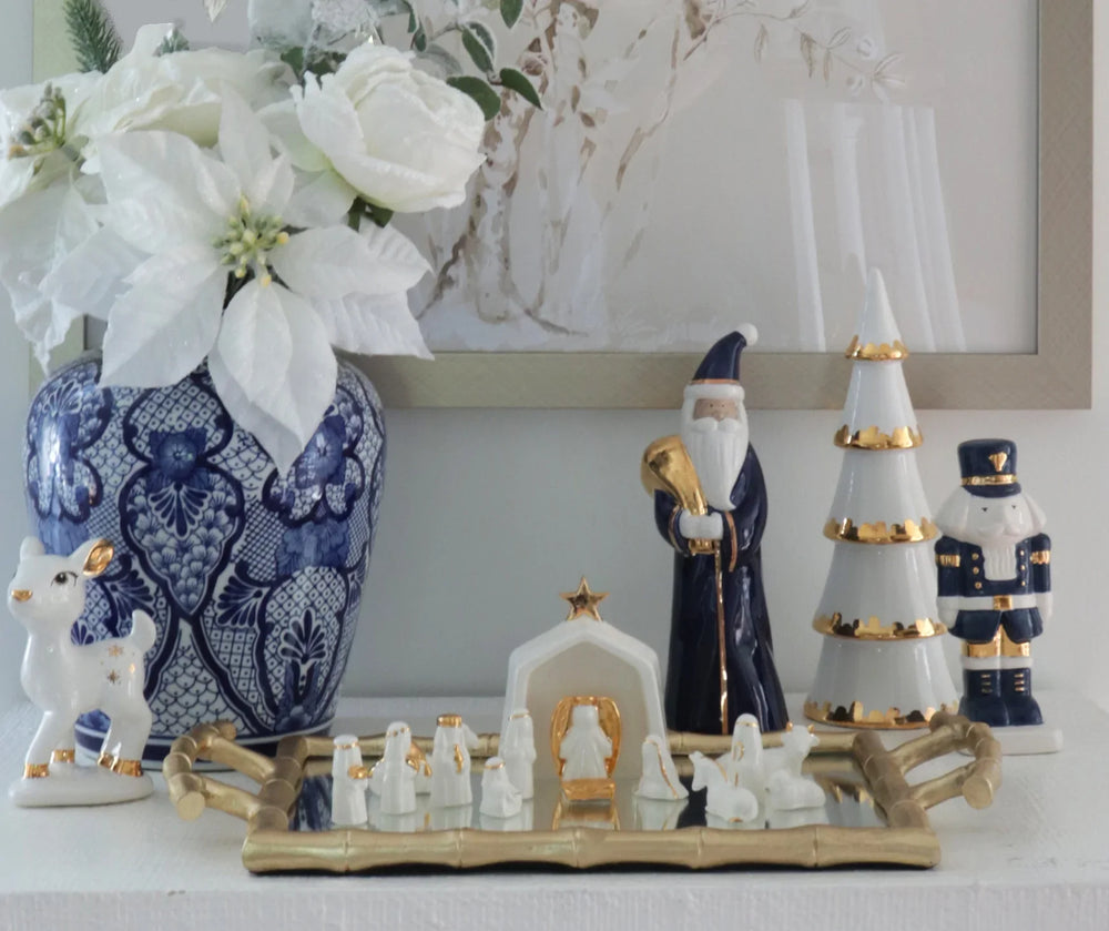 White Hand-Crafted 14 Piece Nativity Set with 22K Gold Accents