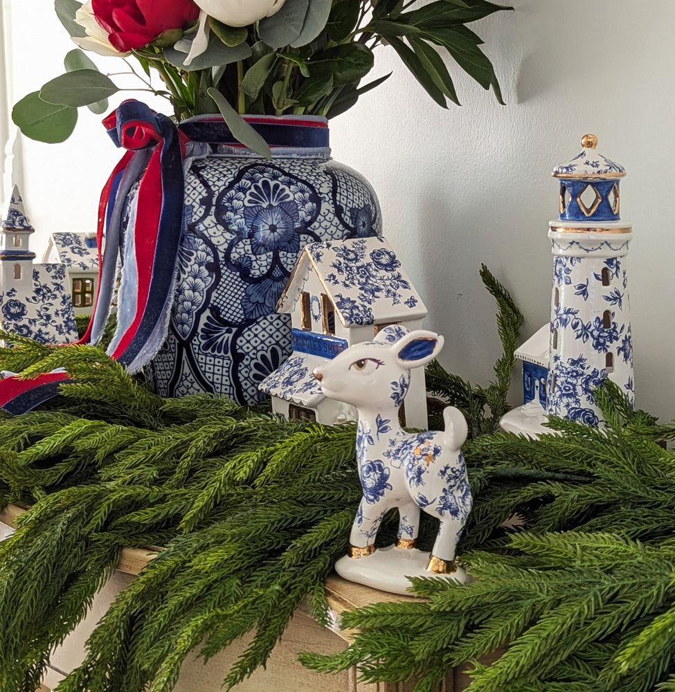 Blue and White Toile Lighthouse with 22K Gold Accents