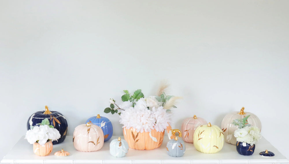 Layered Leaves Pumpkin Jars with 22K Gold Accents in Navy Blue