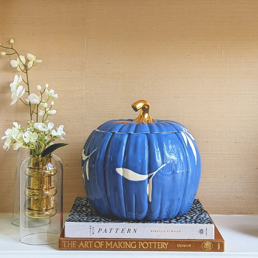 Layered Leaves Pumpkin Jars with 22K Gold Accents in French Blue