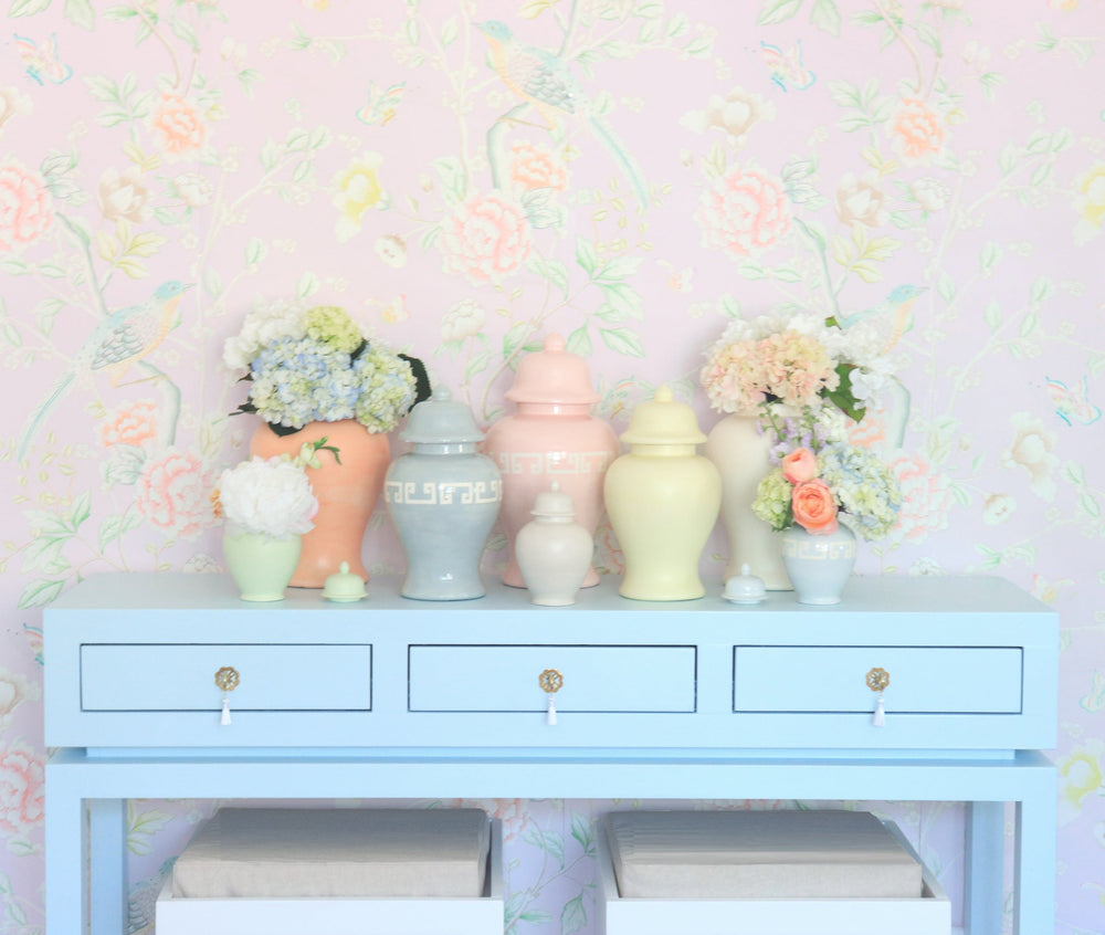 Cherry Blossom Pink Greek Key Ginger Jars