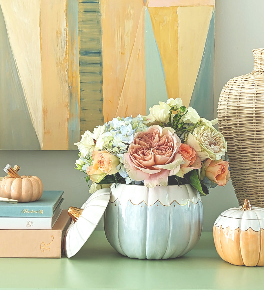 Scalloped Pumpkin Jars with 22K Gold Accents in Light Blue