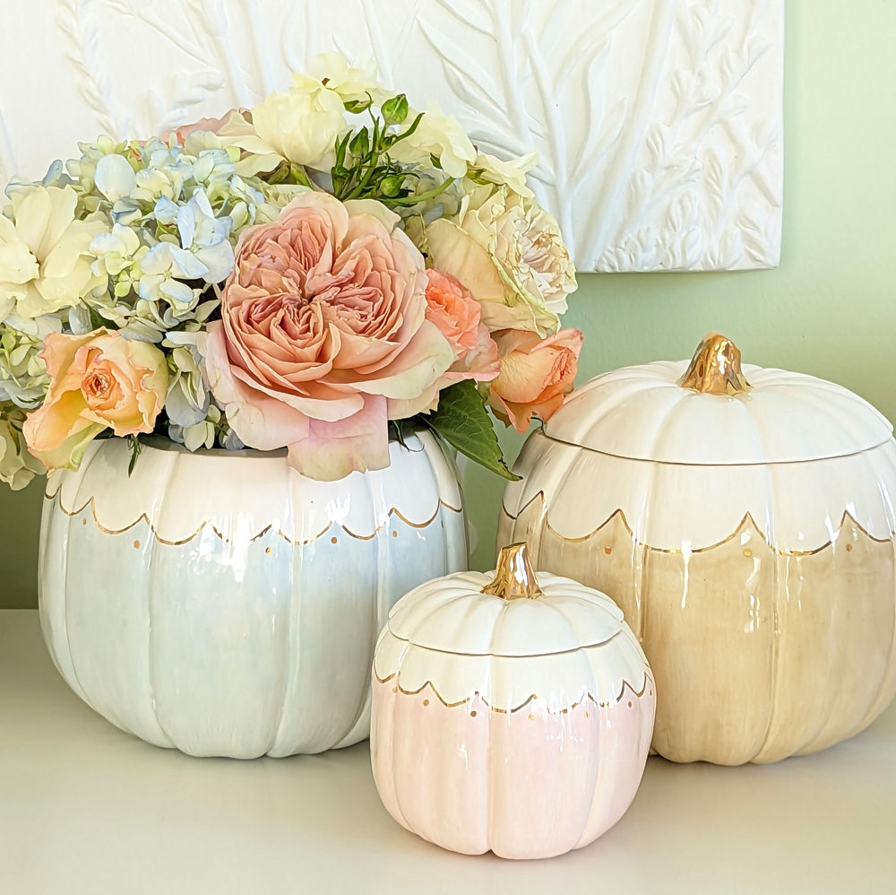 Scalloped Pumpkin Jars with 22K Gold Accents in Light Blue