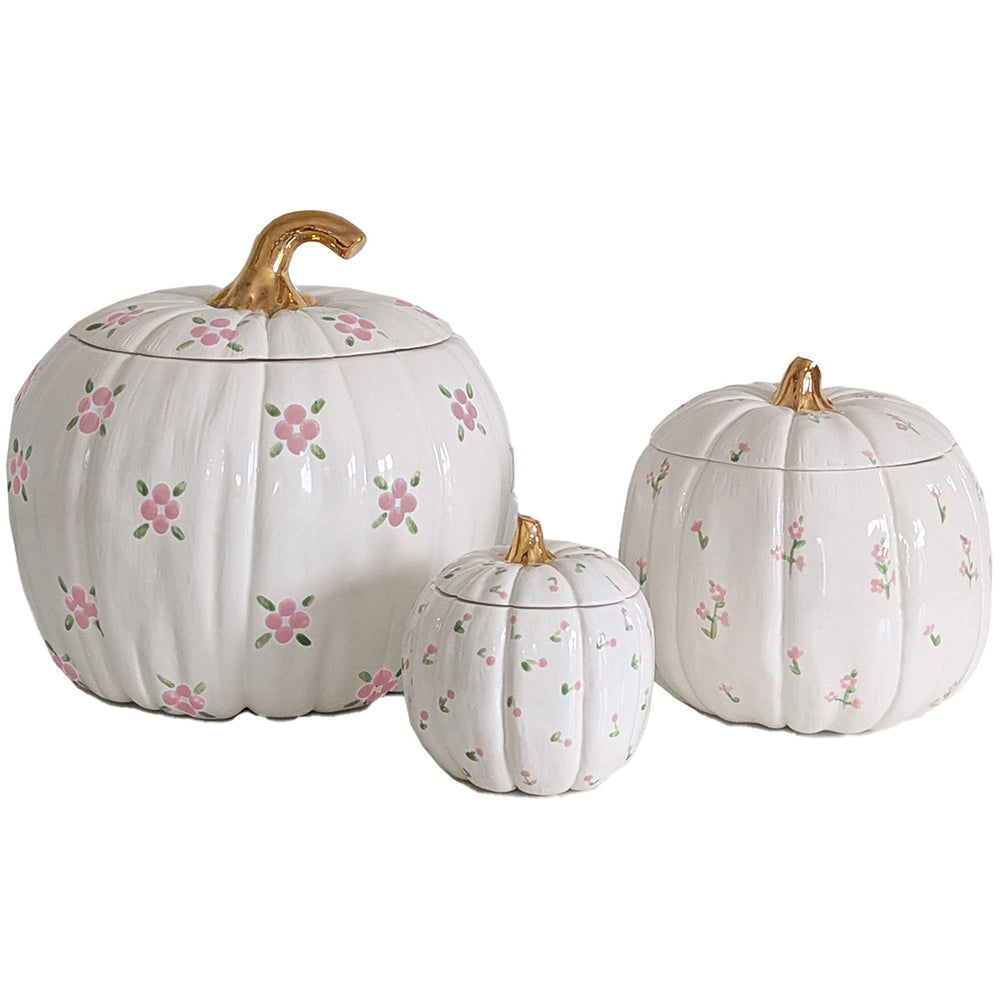 Cottage Floral Pumpkin Jars with 22K Gold Accents in Pink