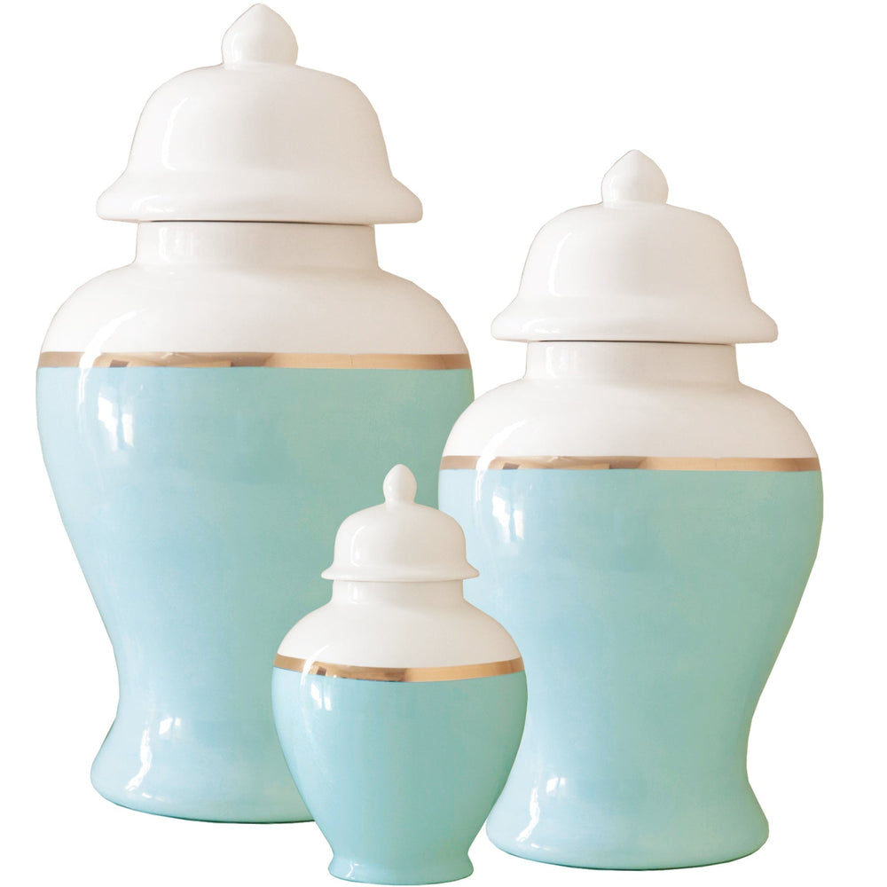 Robin's Egg Blue Color Block Ginger Jar with Gold Accent