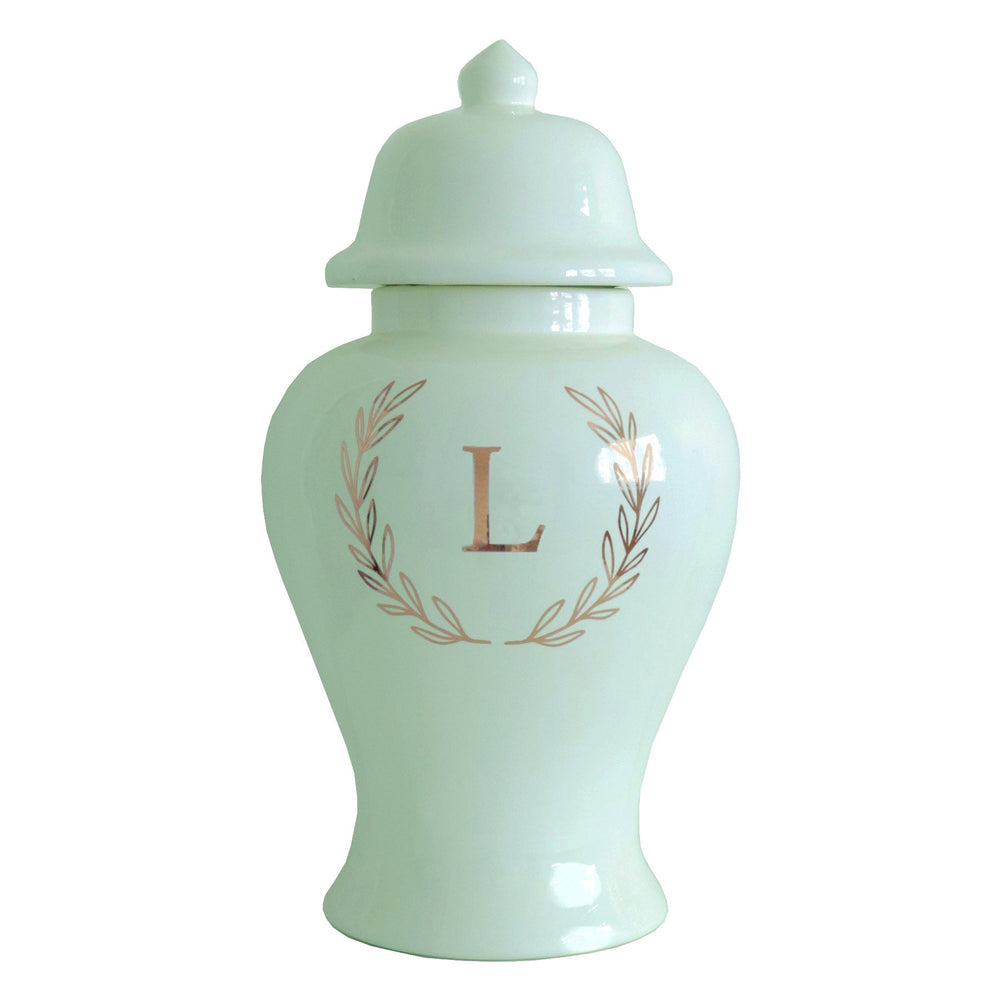 Single Letter Laurel Wreath Monogram Ginger Jars in Sea Glass