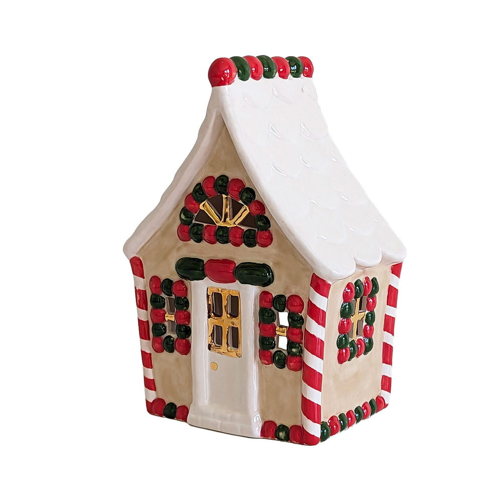 Ivory, Red & Green Gingerbread House with 22K Gold Accents