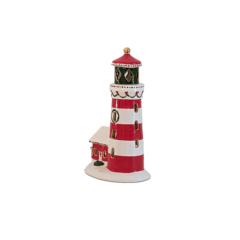 Ivory, Red and Green Lighthouse with 22K Gold Accents