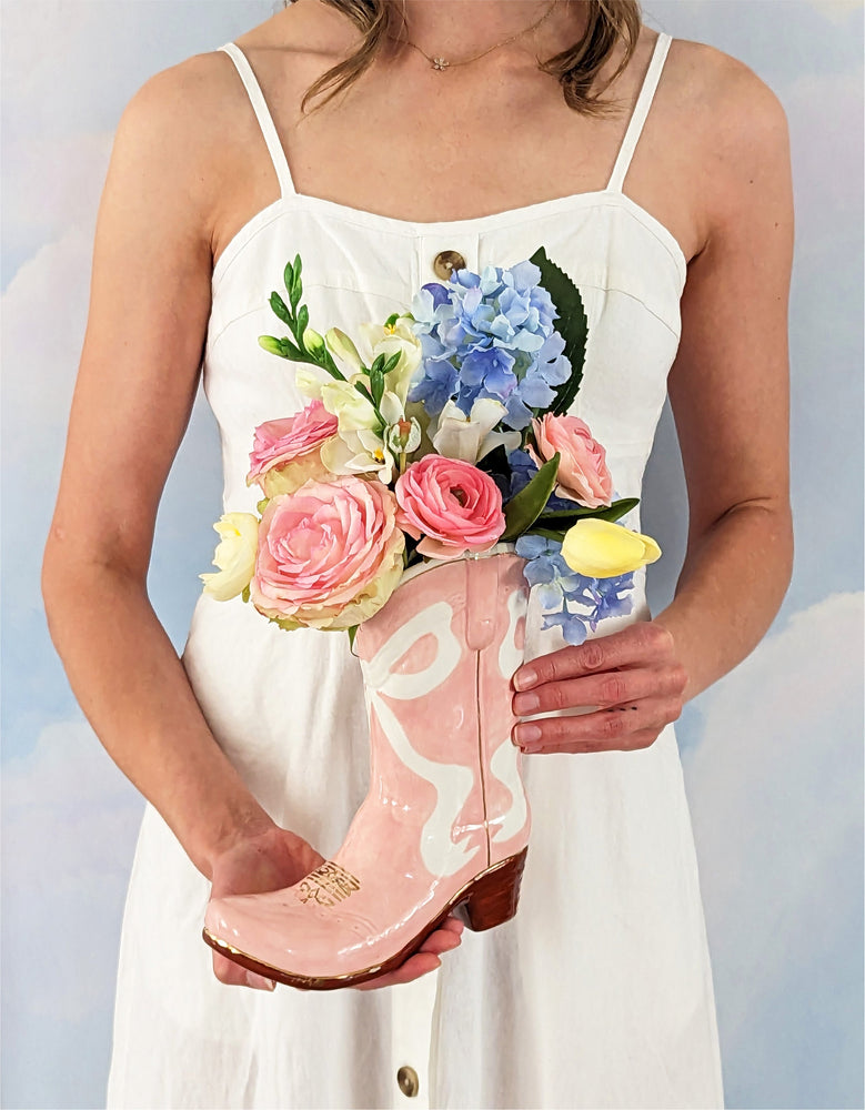 Lo Home x Petite Paloma Cowgirl Boot Vase- Claire Bow in Pink Lo Home x Petite Paloma Cowgirl Boot Vase- Claire Bow in Pink