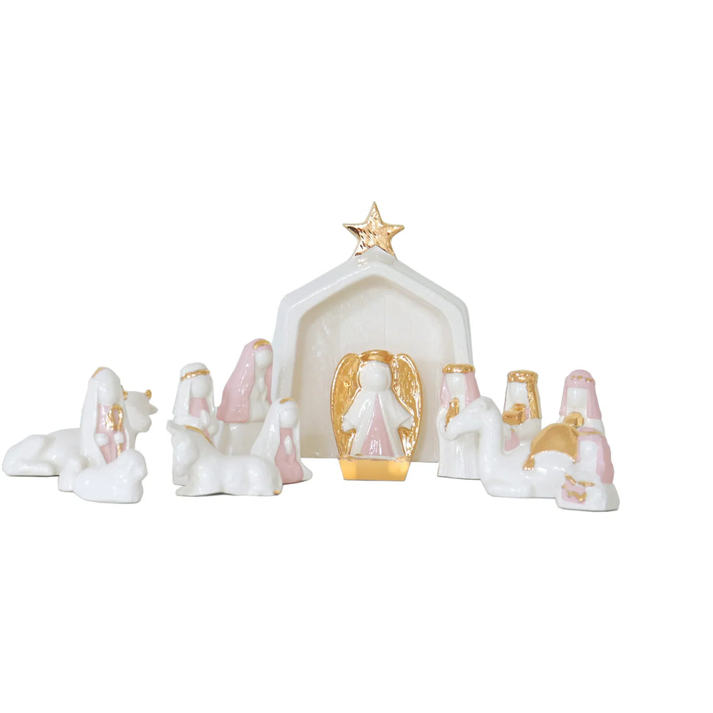 Light Pink Hand-Crafted 14 Piece Nativity Set with 22K Gold Accents ...