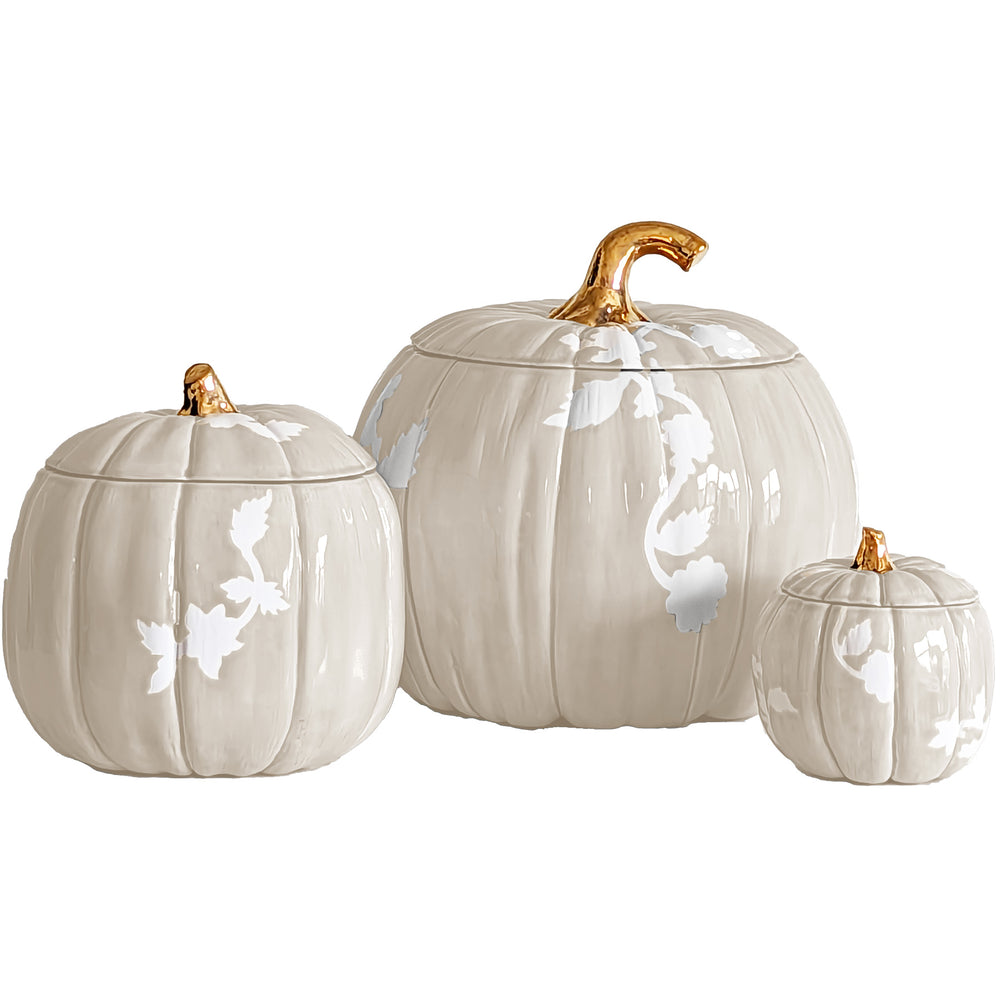 Chinoiserie Pumpkin Jars with 22K Gold Accents in Beige