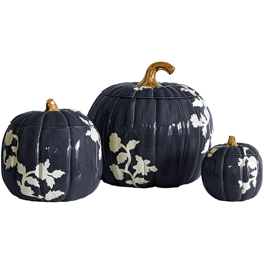Chinoiserie Pumpkin Jars with 22K Gold Accents in Navy Blue