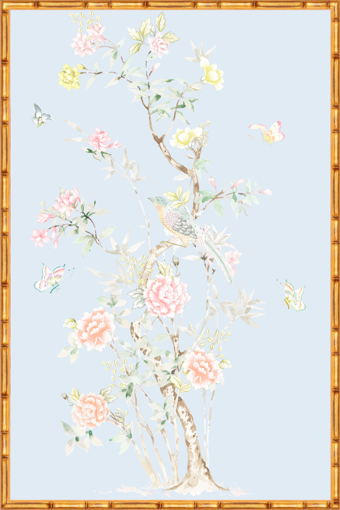"Chinoiserie Garden 1" Framed Panel in "Sky" by Lo Home X Tashi Tsering