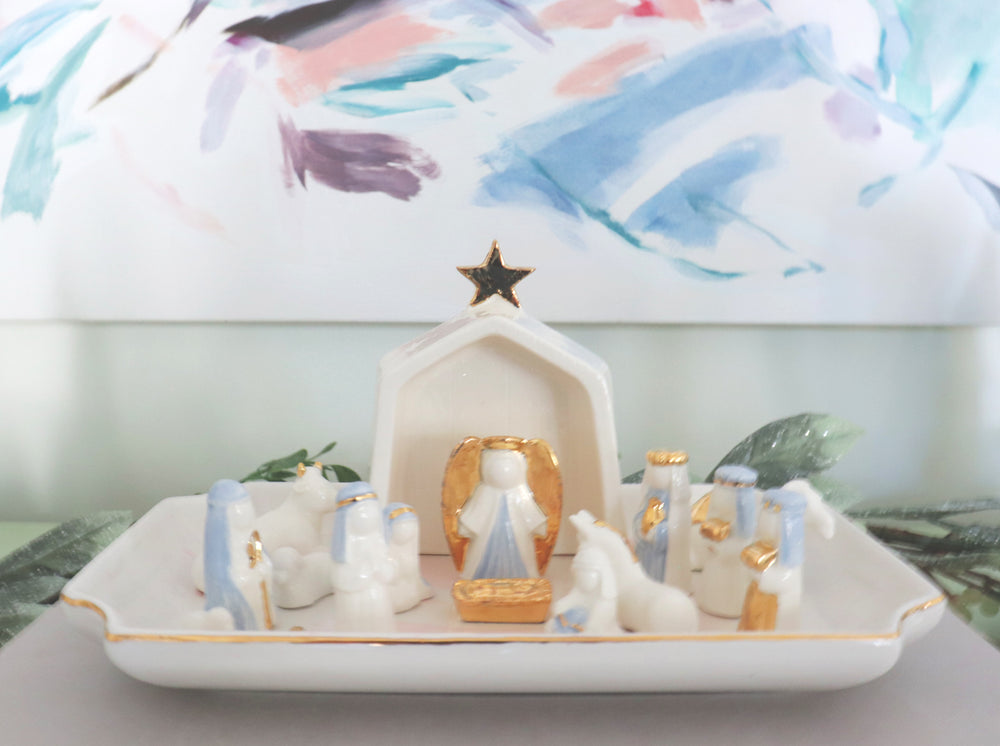 Light Blue Hand-Crafted 14 Piece Nativity Set with 22K Gold Accents