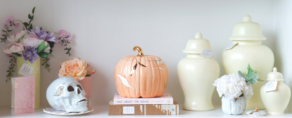 Layered Leaves Pumpkin Jars with 22K Gold Accents in Light Blue