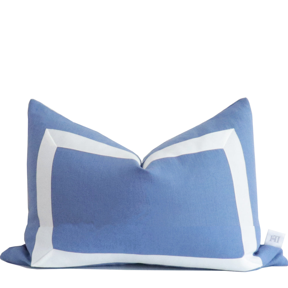 French Blue Organic Linen Pillow Cover with White Ribbon Trim