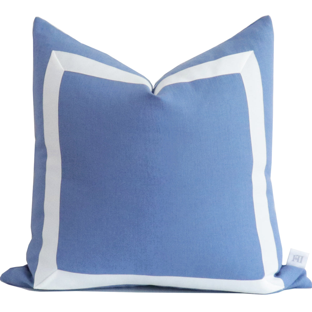 French Blue Organic Linen Pillow Cover with White Ribbon Trim