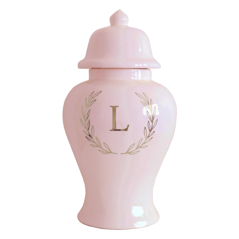 Single Letter Laurel Wreath Monogram Ginger Jars in Cherry Blossom Pink