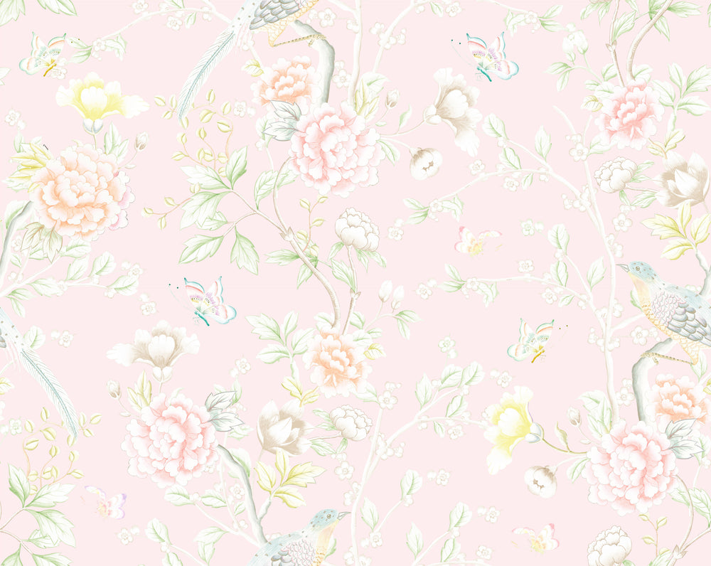 "Chinoiserie Garden" Wallpaper in Blush by Lo Home x Tashi Tsering