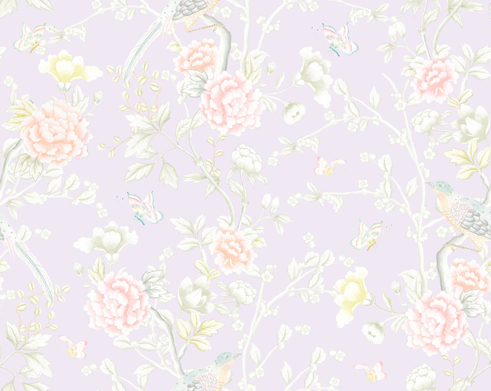 "Chinoiserie Garden" Wallpaper in Lilac by Lo Home x Tashi Tsering
