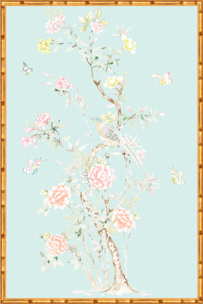 "Chinoiserie Garden 1" Framed Panel in "Lake" by Lo Home X Tashi Tsering