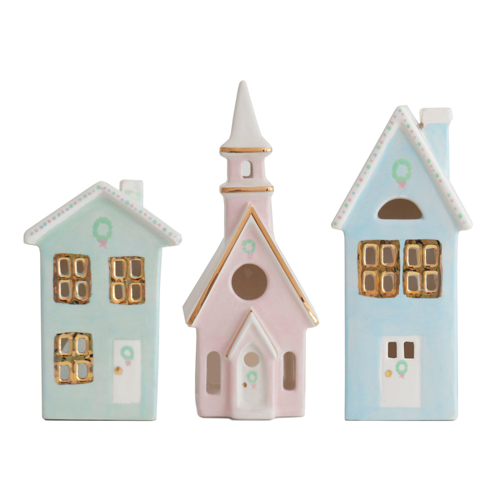 Pastel Christmas Village 3-Piece Set with 22K Gold Accents