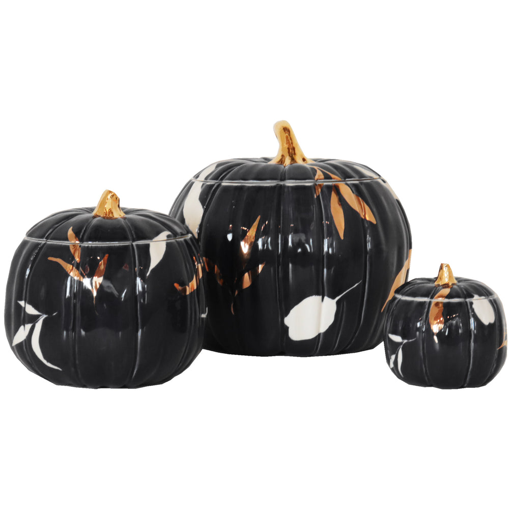 Layered Leaves Pumpkin Jars with 22K Gold Accents in Black