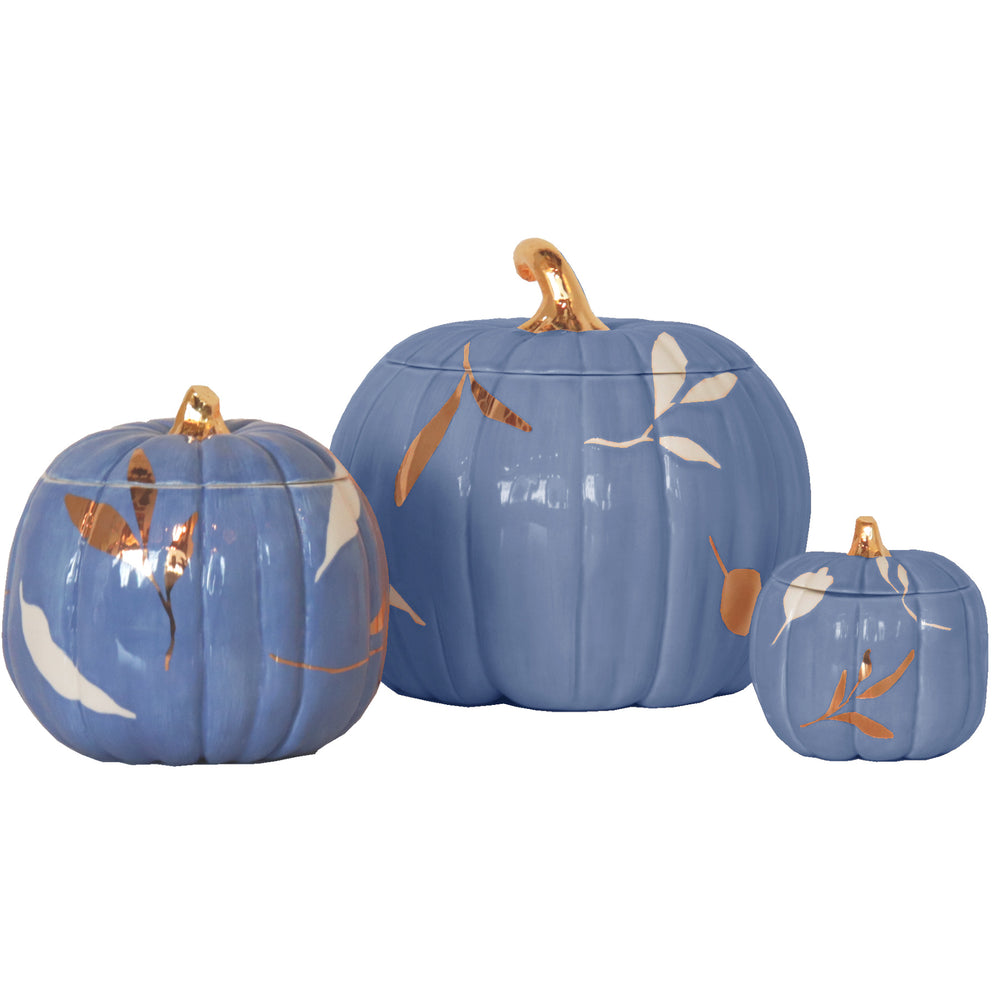 Layered Leaves Pumpkin Jars with 22K Gold Accents in French Blue