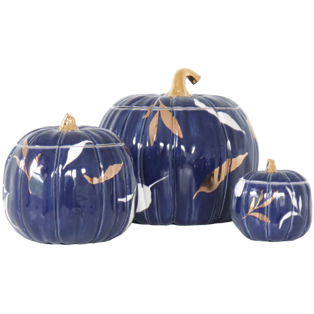 Layered Leaves Pumpkin Jars with 22K Gold Accents in Navy Blue