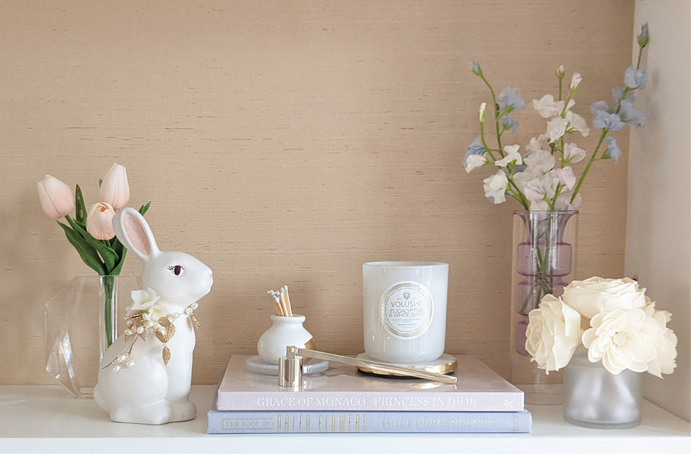 Ivory Sugar Bunny with Hydrangea, Pearl and Gold Accents
