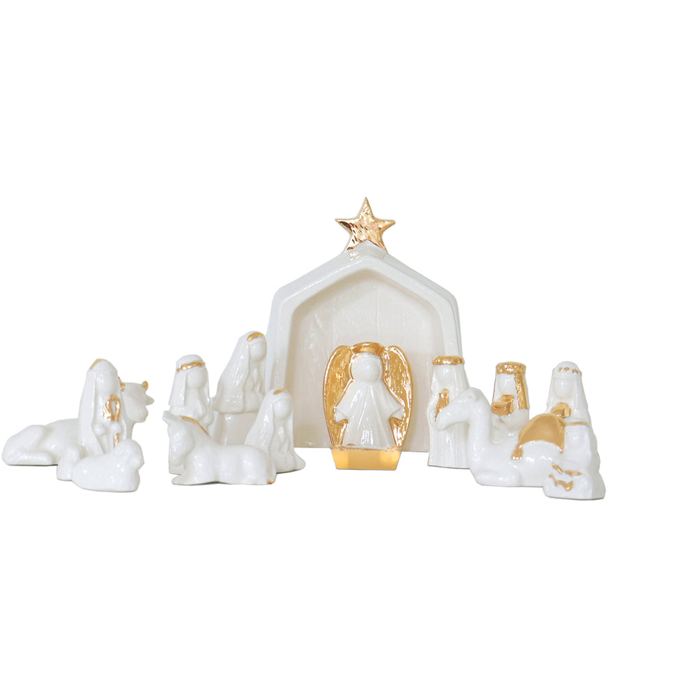 White Hand-Crafted 14 Piece Nativity Set with 22K Gold Accents
